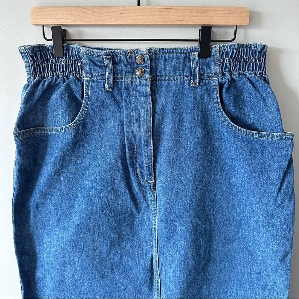 Talbots Vintage Denim Skirt 14 Paper Bag Waist Modest Pockets 90s Preppy - Picture 2 of 16